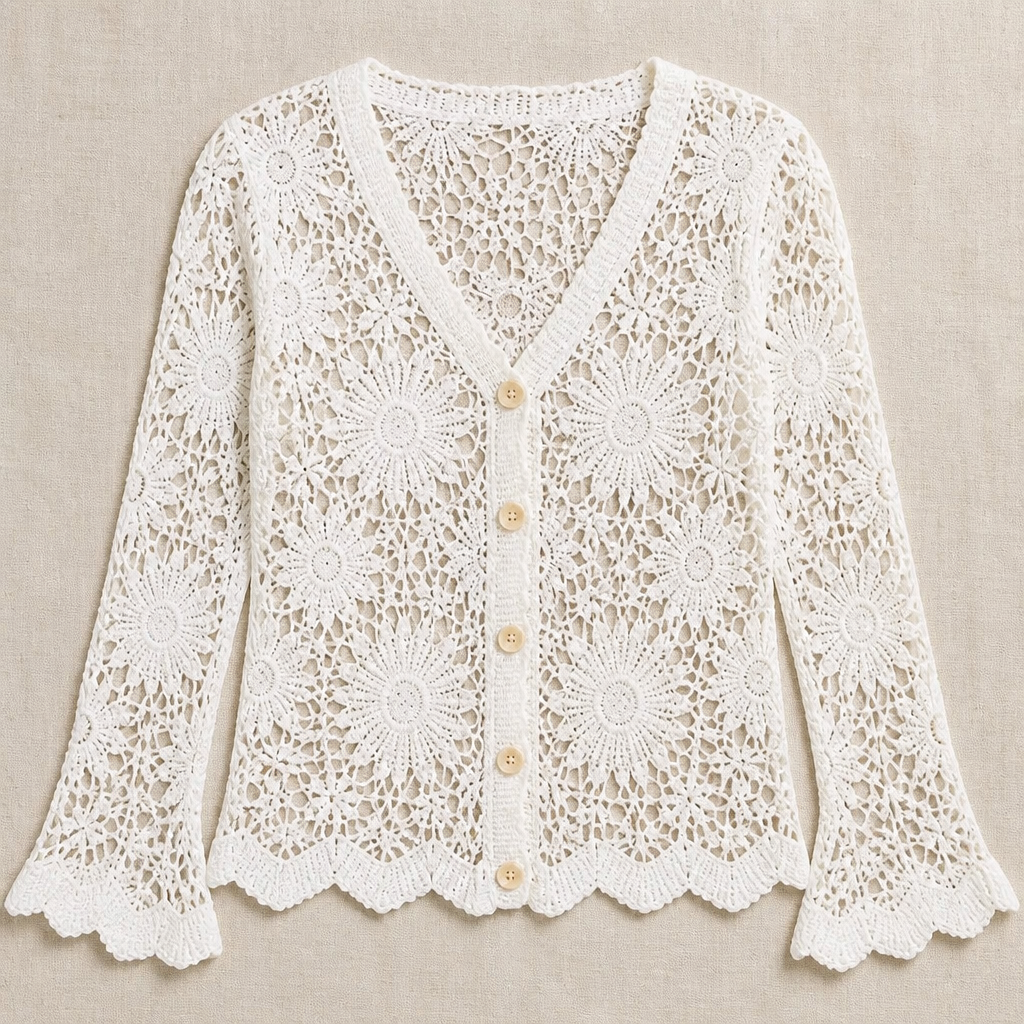 DeloraLace™ – Romantic Crochet Lace Top with Buttons and Scalloped Hem