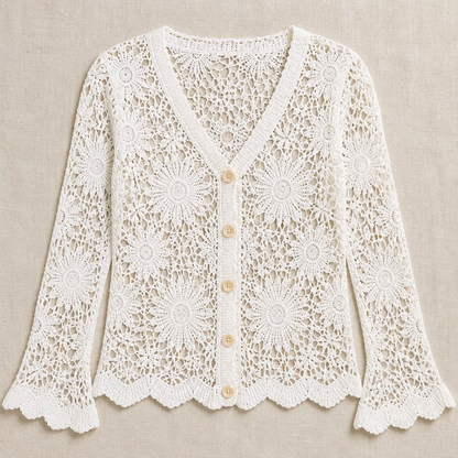 DeloraLace™ – Romantic Crochet Lace Top with Buttons and Scalloped Hem