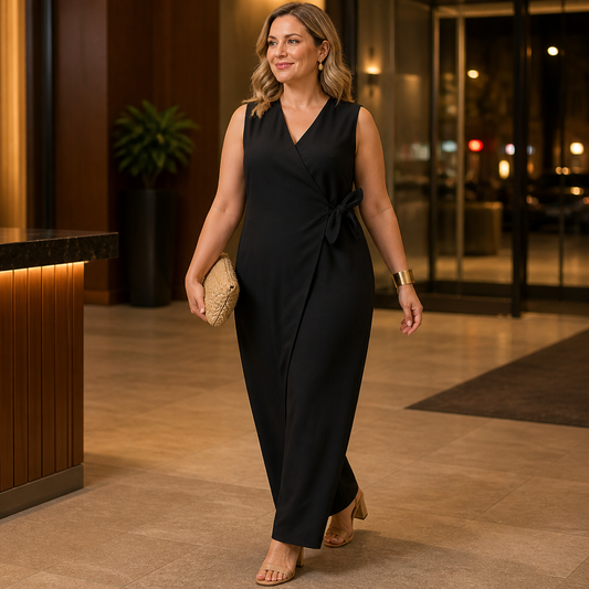 SereneSilhouette™ – Stylish Sleeveless Wrap-Front Jumpsuit with Side Tie