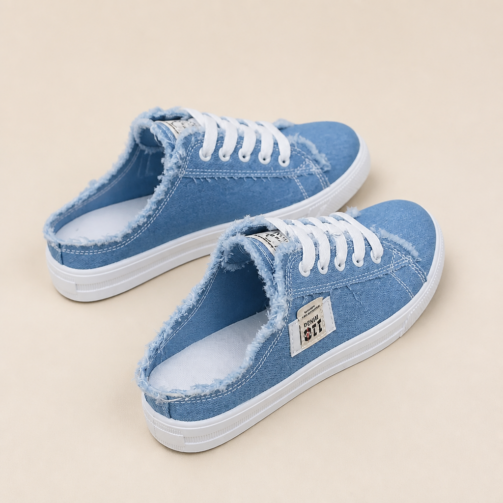 StridePulse™ – Casual Denim Mules with Frayed Edge Sneakers