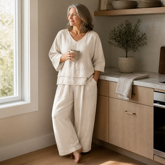 LioraLuxe™ – Casual Layered V-Neck Tee & Wide-Leg Trouser Set