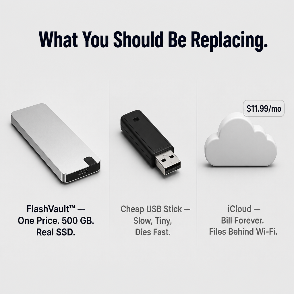 FlashVault™ — Banish "Storage Almost Full" Alerts Forever | Plug-and-Play 500GB