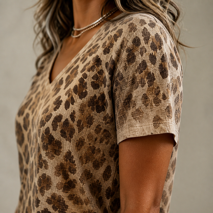 FierzaWear™ – Casual Leopard Print V-Neck Tee Featuring Cutout Detail