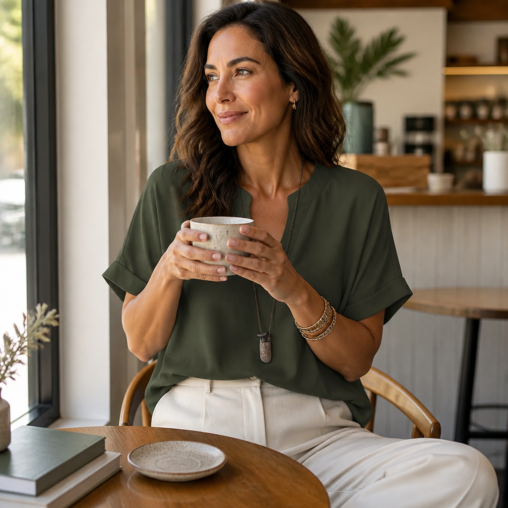 Silkora™ – Easy V-Neck Blouse with Rounded Hem