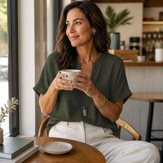 Silkora™ – Easy V-Neck Blouse with Rounded Hem
