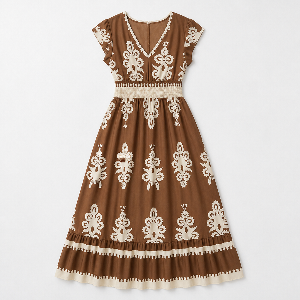 LuminaSway™ – Retro Baroque Pattern V-Neck Maxi Dress