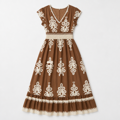 LuminaSway™ – Retro Baroque Pattern V-Neck Maxi Dress