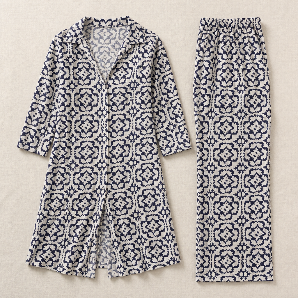 VireoLuxe™ – Striking Geometric Tunic with Straight-Leg Pants Set