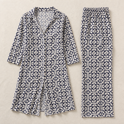 VireoLuxe™ – Striking Geometric Tunic with Straight-Leg Pants Set