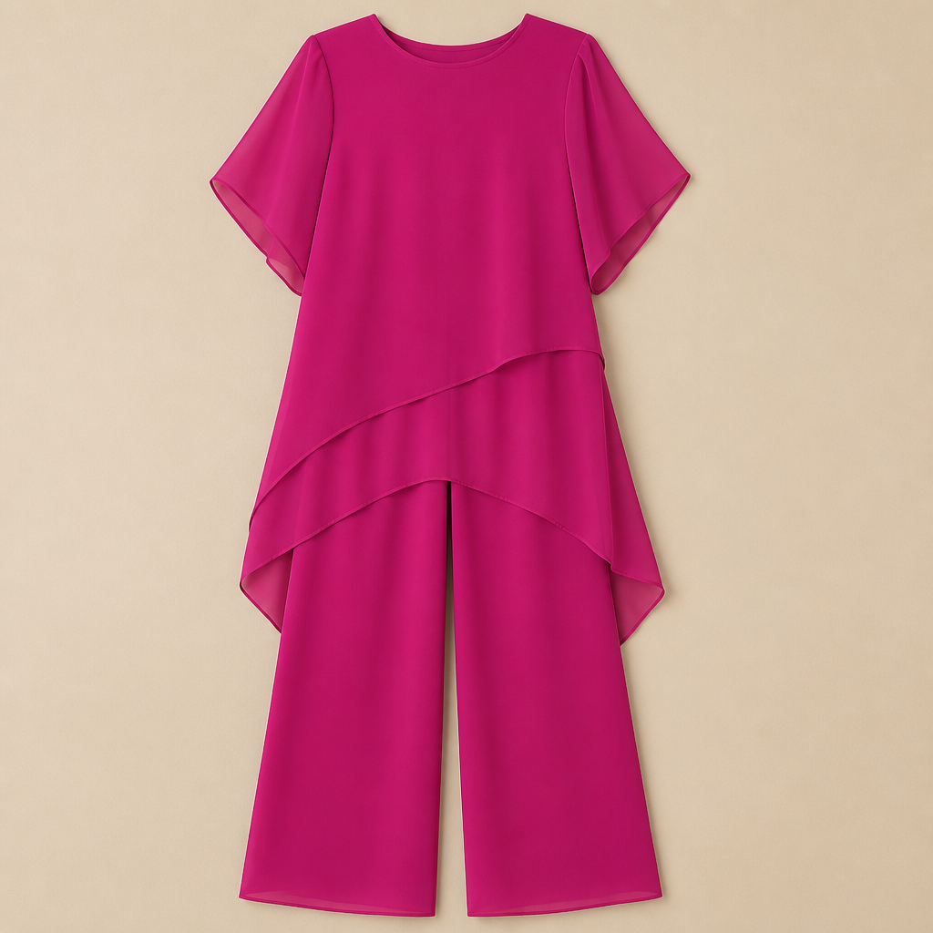 SerenLuxe™ – Stylish Chiffon Two-Piece Ensemble with Asymmetrical Layered Top