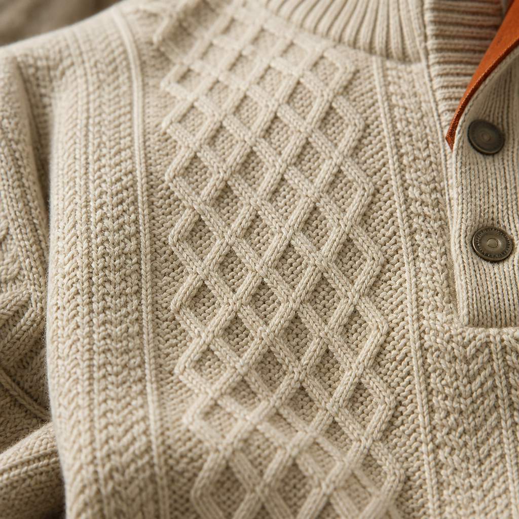 AtlasForge™ – Jacquard Textured Stand-Collar Sweater Featuring Elbow Patches