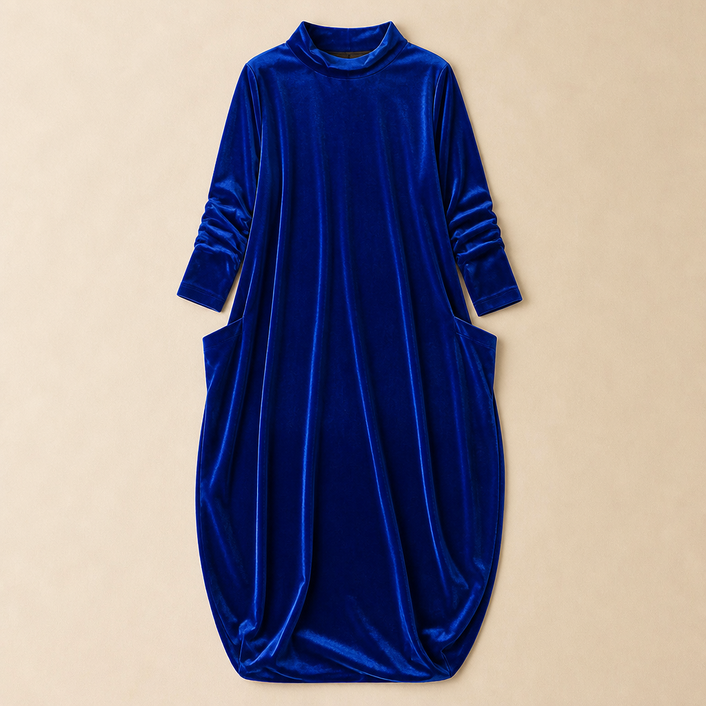 VioraForm™ – Velvet Cocoon Maxi Dress with Mock-Neck and Side Pockets