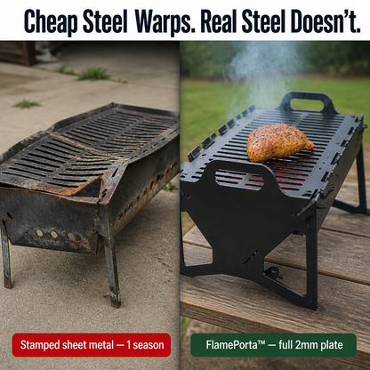 FlamePorta™ — Collapse a Rugged Steel Grill Flat and Cook Anywhere on Your Trip