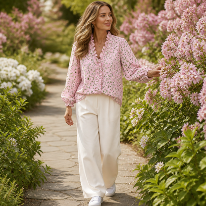 FlairMist™ – Romantic V-Neck Ruffle Blouse with Lantern Sleeves
