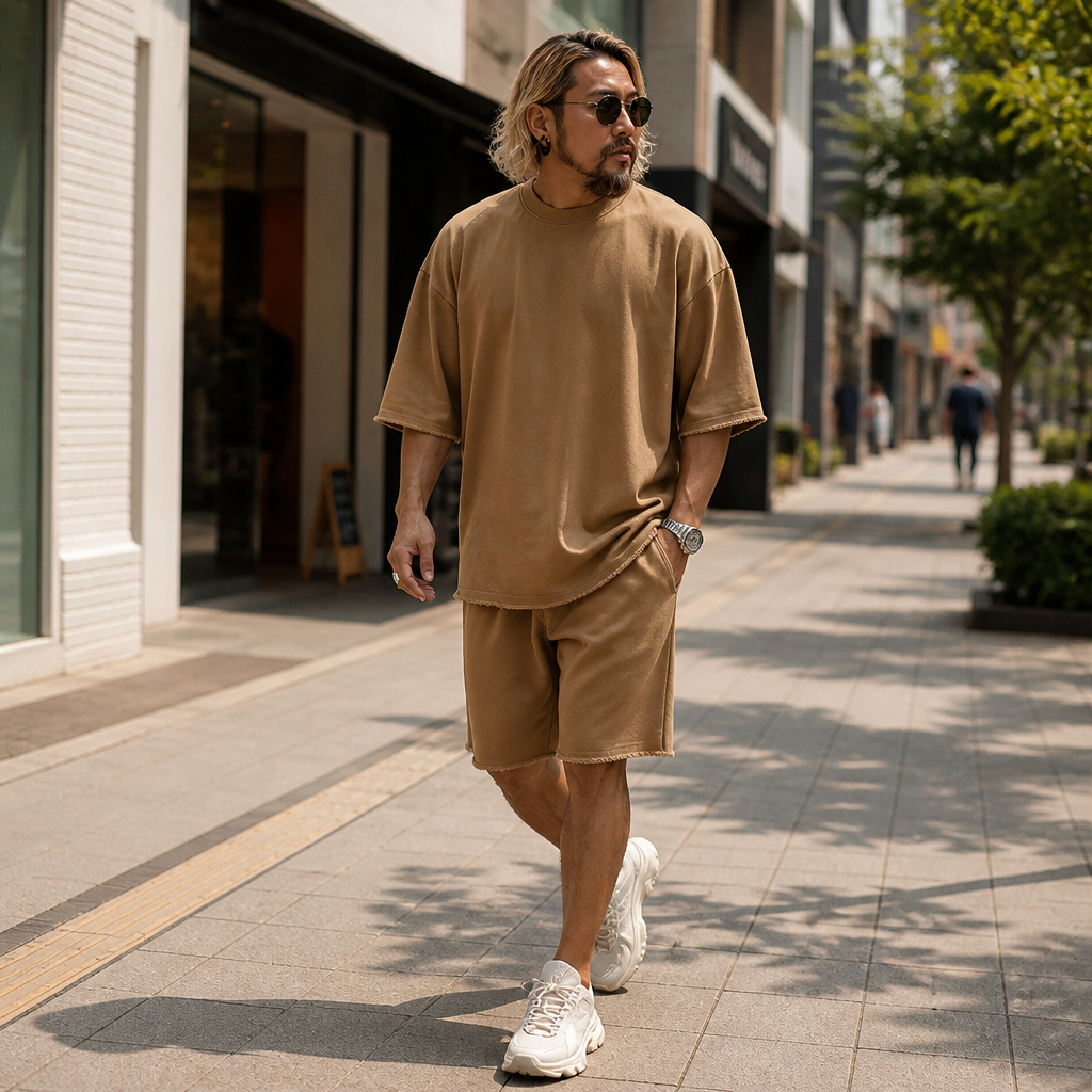 ArdentFlex™ – Comfortable Loose-Fit Raw-Edge Tee & Shorts Set