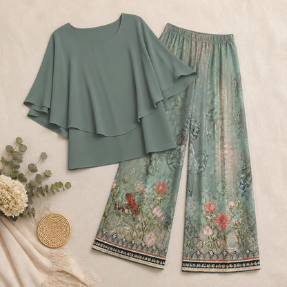 Flexara™ – Chic Layered Chiffon Blouse and Wide-Leg Patterned Pant Set