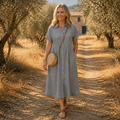 LunaVerve™ – Airy Striped Midi Shirt Dress with Button Front