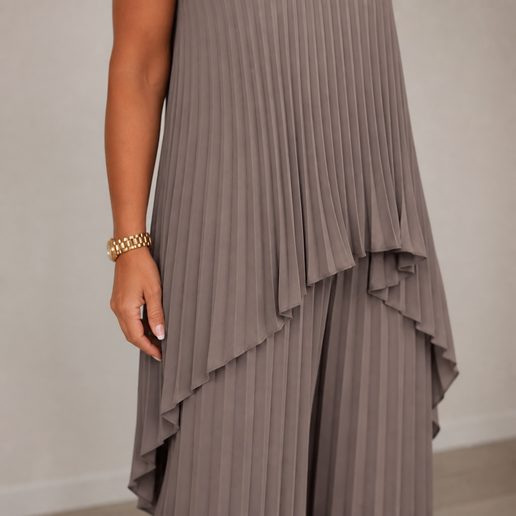 NovaLuma™ – Draped Pleated Two-Piece Outfit with Asymmetric Hem