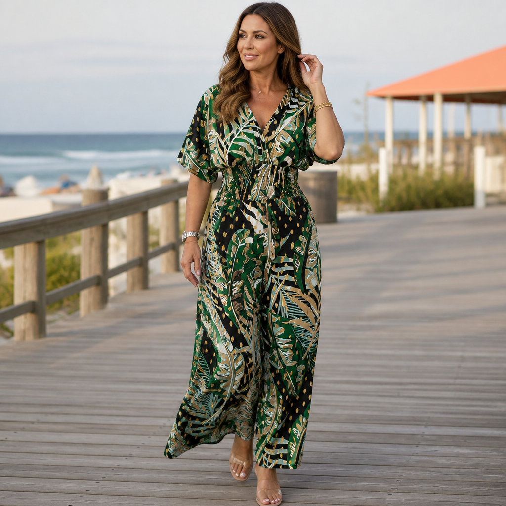 SerenaSculpt™ – Wide-Leg Jumpsuit with Tropical Print, V-Neck, and Smocked Waist