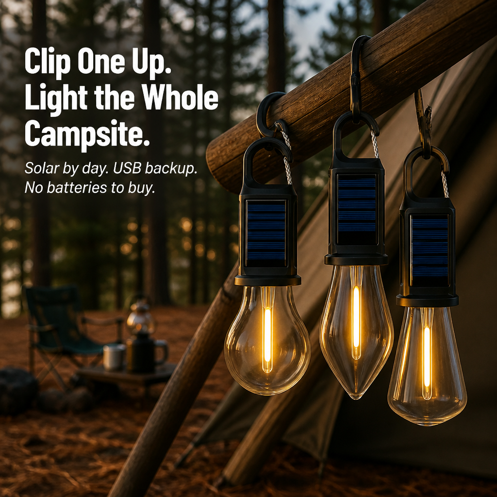 LumaVibe™ — Solar Clip-On Bulb Illuminates Entire Tent Overnight, Battery-Free