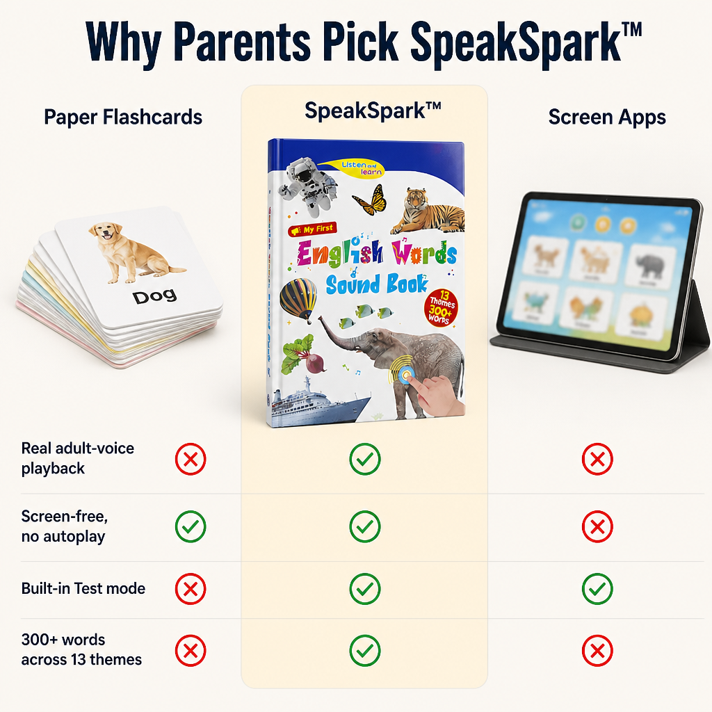 SpeakSpark™ — Trade Screen Time for 300+ English Words Kids Tap and Repeat