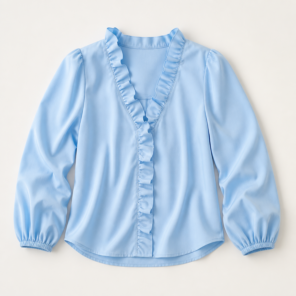 FlairMist™ – Romantic V-Neck Ruffle Blouse with Lantern Sleeves