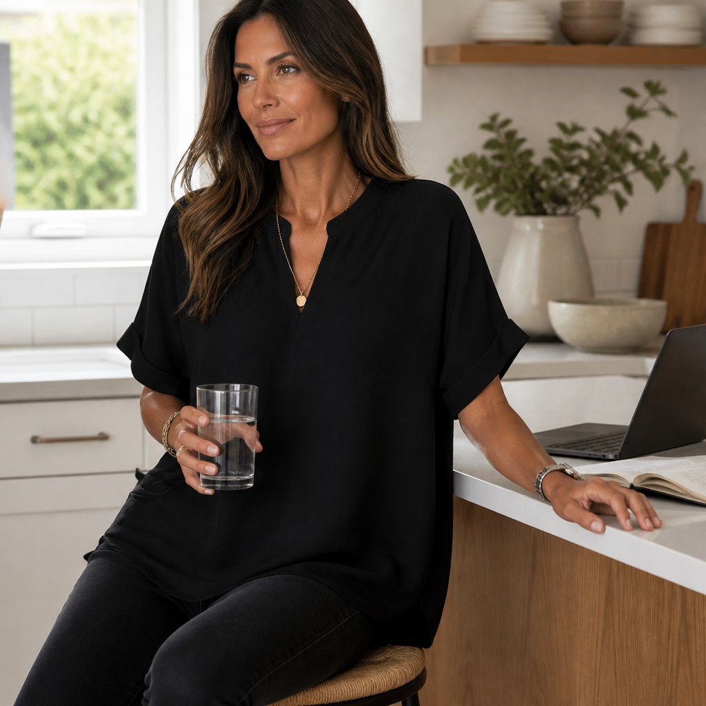 Silkora™ – Easy V-Neck Blouse with Rounded Hem