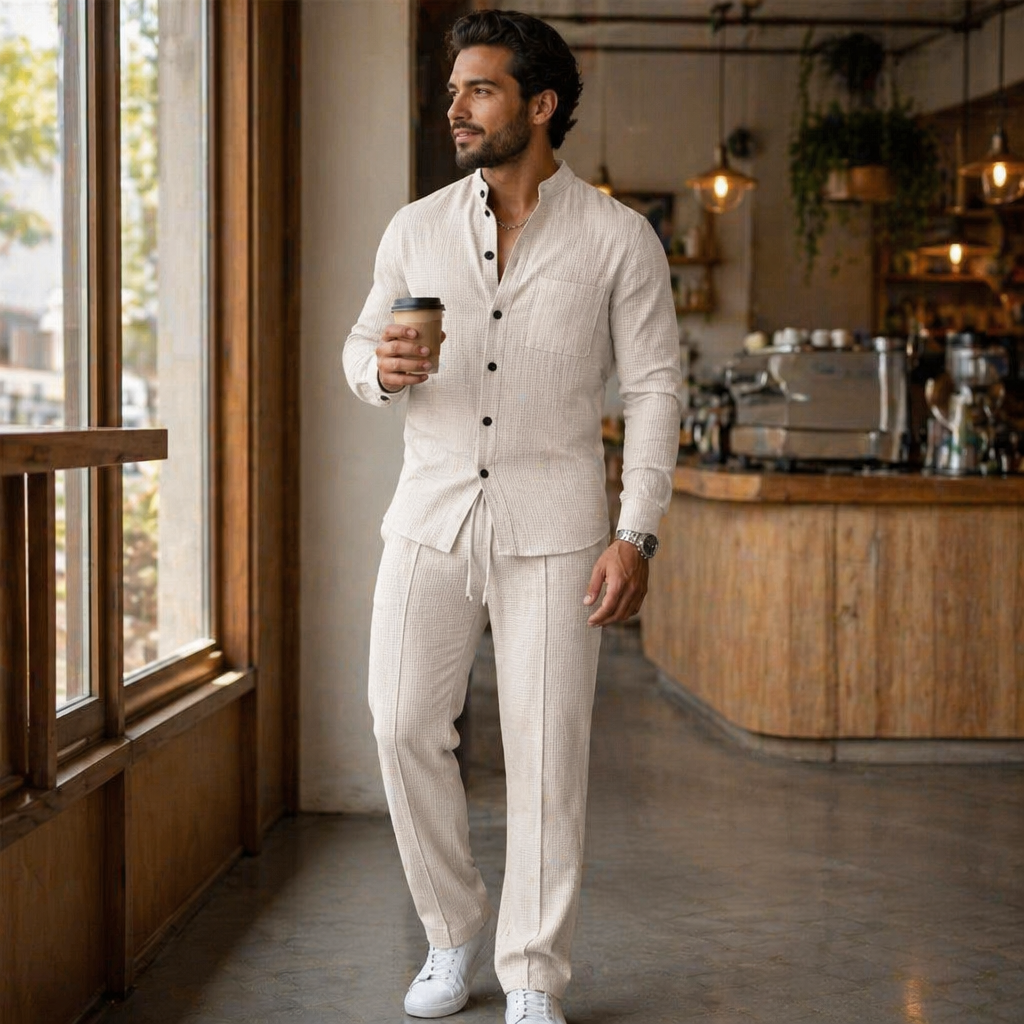AnyWear™ – Comfortable Waffle-Knit Shirt and Pants Set with Mandarin Collar
