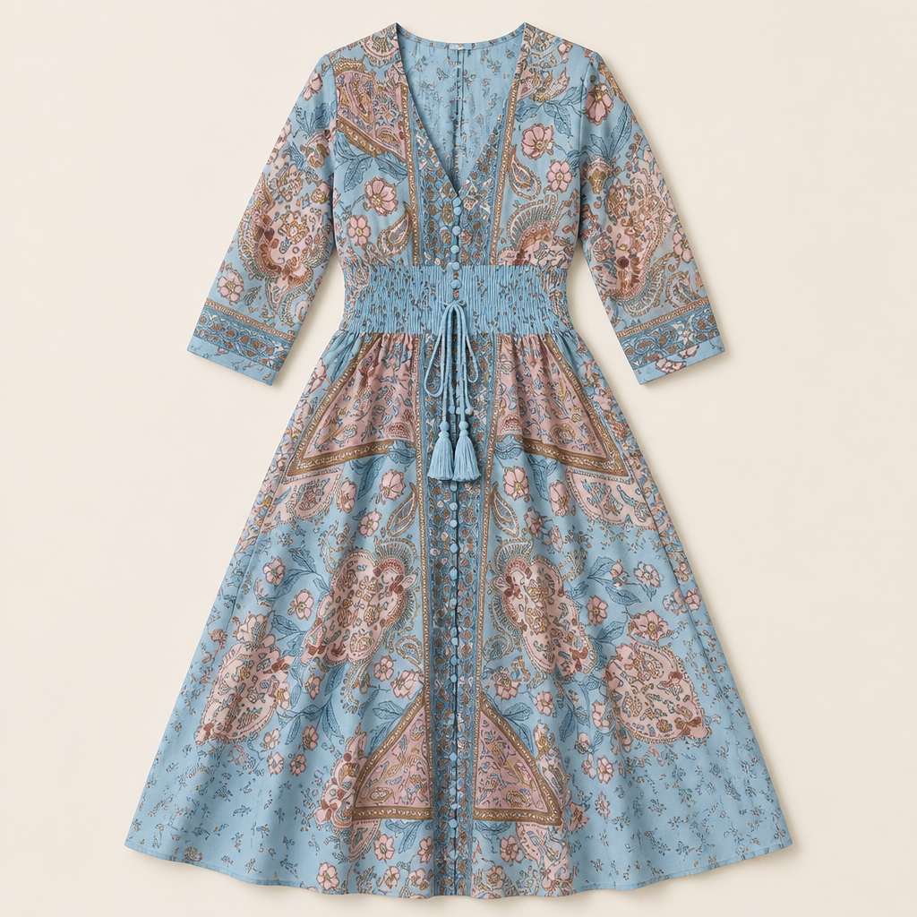 Mirella™ – Bohemian Paisley V-Neck Maxi Dress Featuring a Smocked Waist