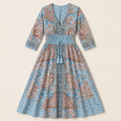 Mirella™ – Bohemian Paisley V-Neck Maxi Dress Featuring a Smocked Waist