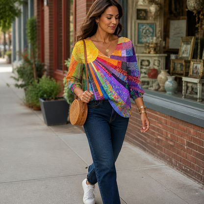 LuxeVera™ – Radiant Sunburst Patchwork V-Neck Top