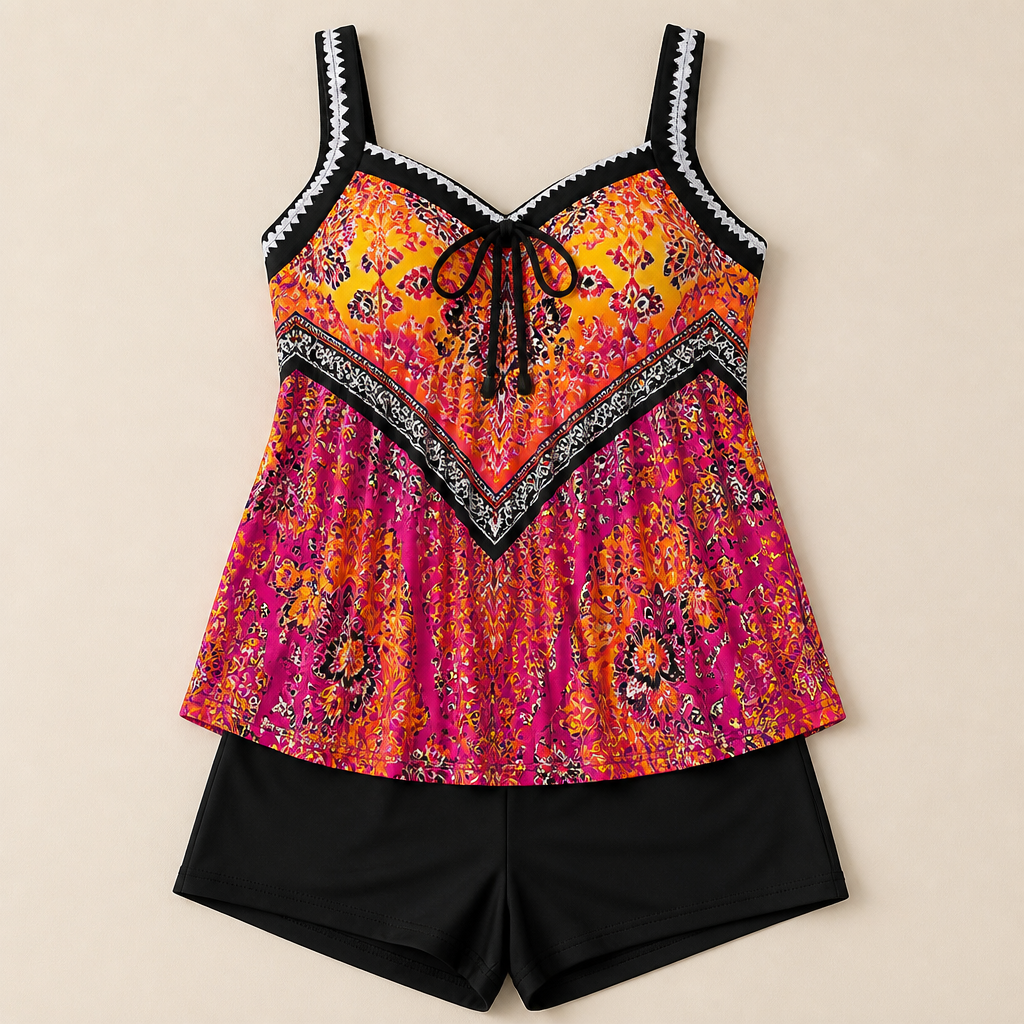 SoloraSway™ – Breezy Pleated Tankini with Coverage Shorts