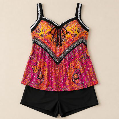 SoloraSway™ – Breezy Pleated Tankini with Coverage Shorts