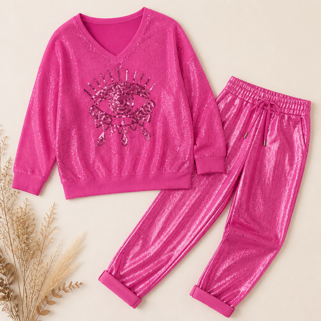 LumaPulse™ – Sequined Eye Top Paired with Metallic Drawstring Pants Set