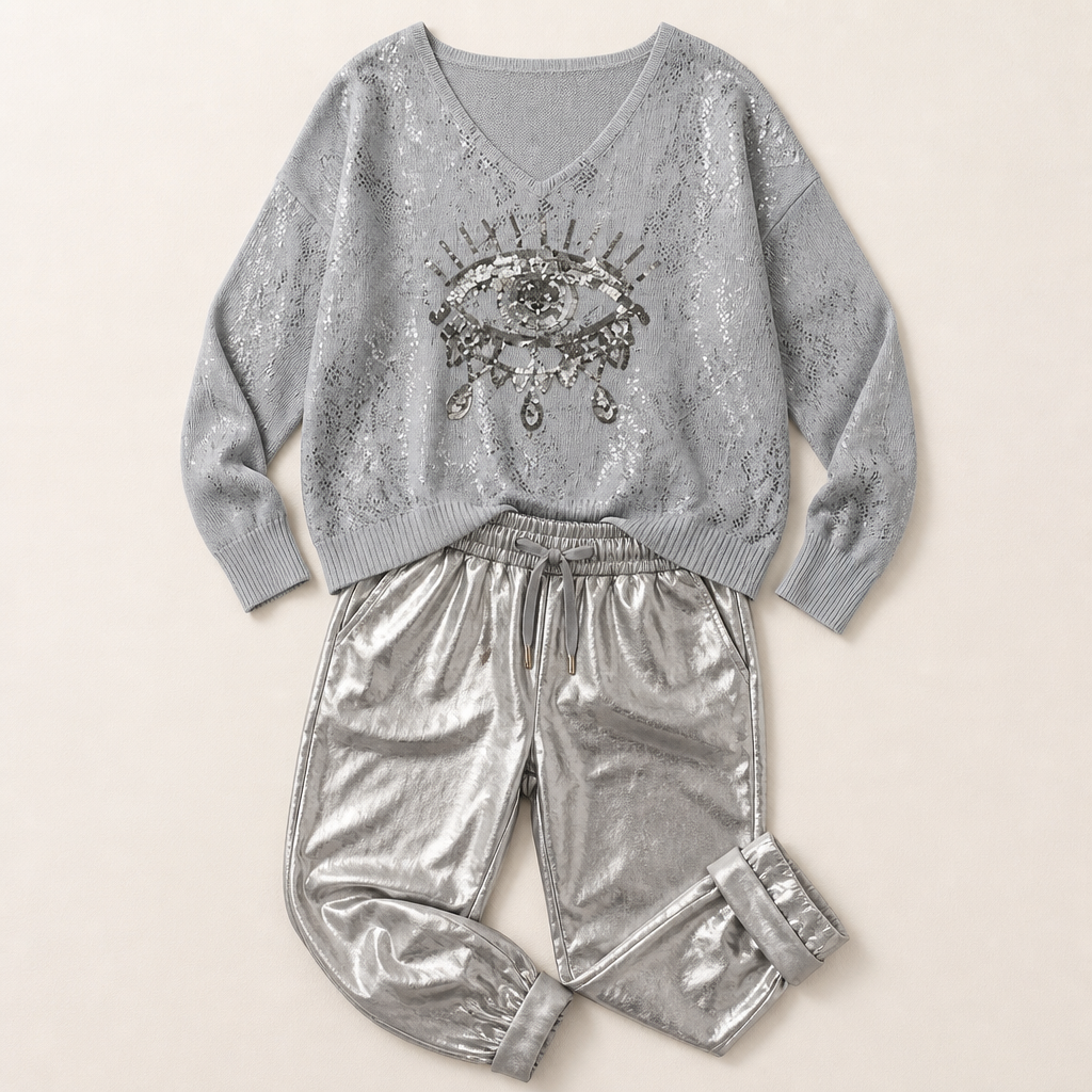 LumaPulse™ – Sequined Eye Top Paired with Metallic Drawstring Pants Set