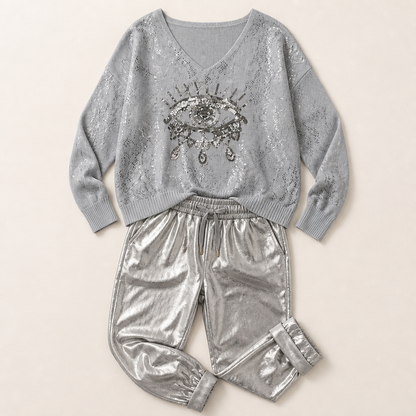 LumaPulse™ – Sequined Eye Top Paired with Metallic Drawstring Pants Set