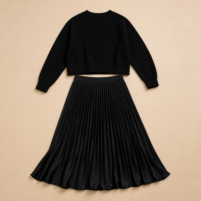 VelaLift™ – Stylish Pleated Maxi Skirt Set Paired with Cropped Knit Top
