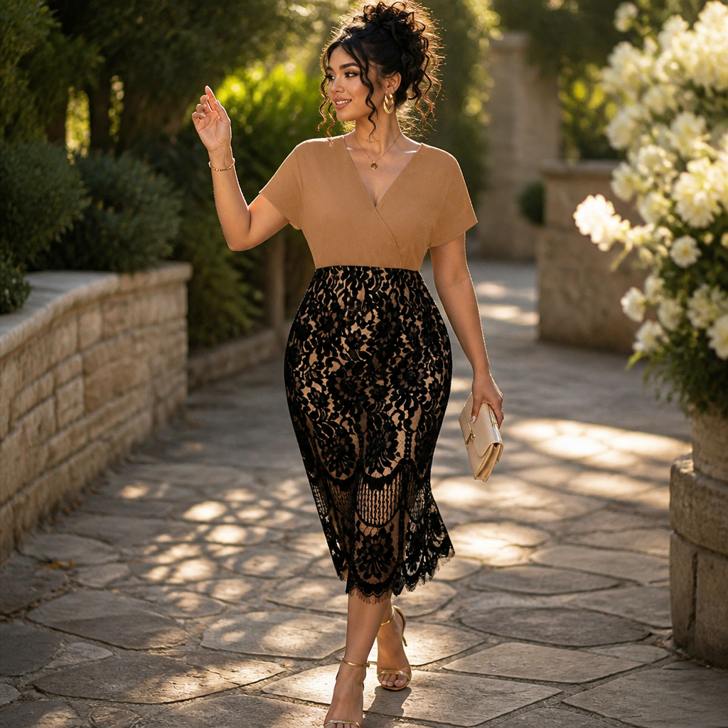 AriaLuxe™ – Lace Midi Dress with V-Neck Wrap Bodice, Curve-Enhancing