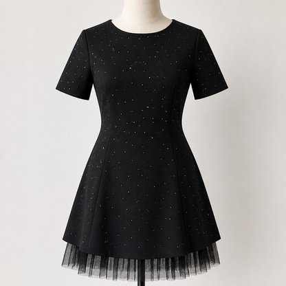 VeroLux™ – Mini Dress with Rhinestone Accents and Tiered Tulle Hem