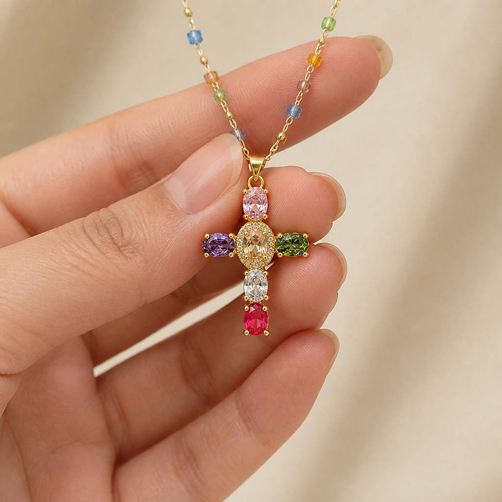 DazzleDrop™ – Crystal Cross Pendant Necklace in Multicolor