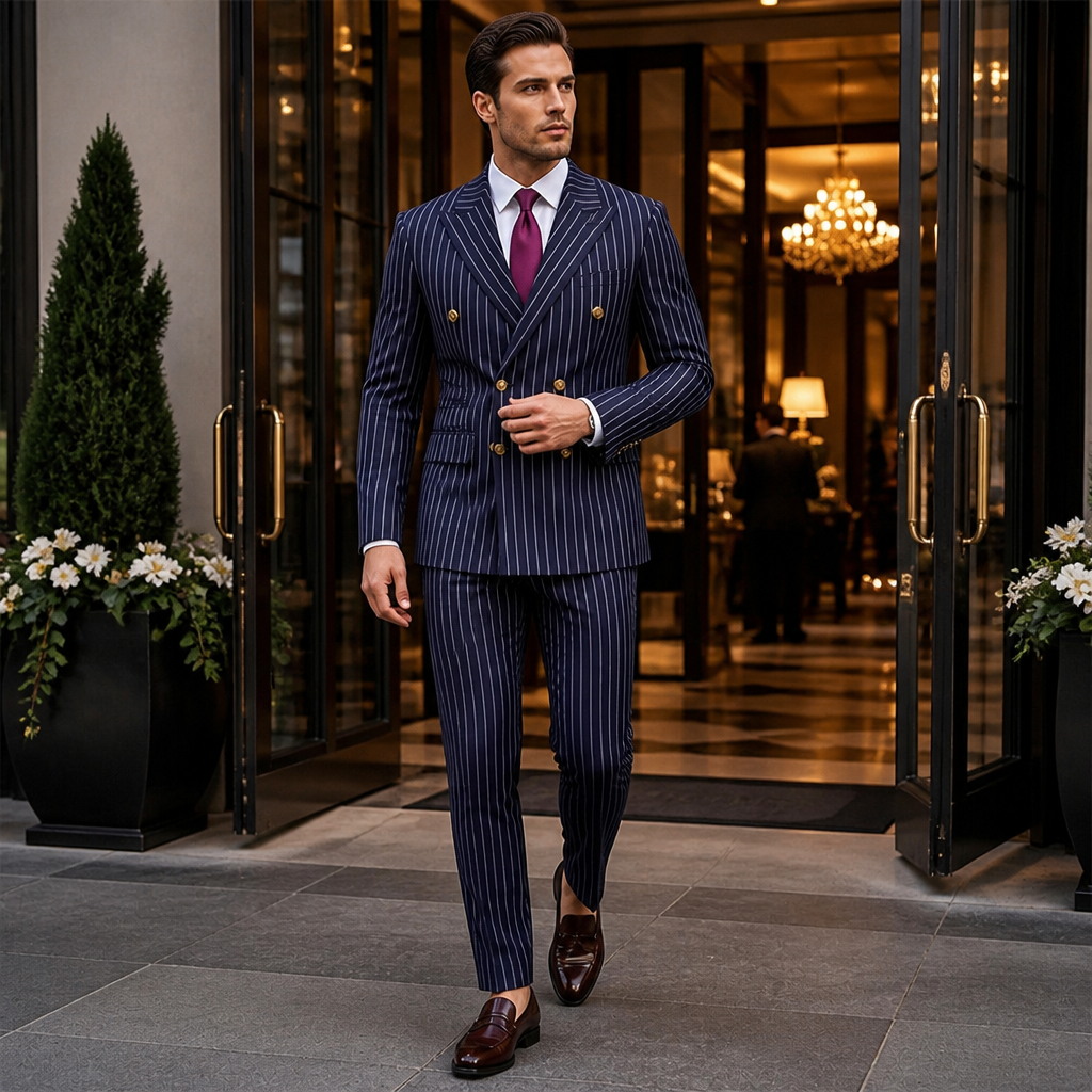 Voltura™ – Double-Breasted Pinstripe Suit with Peaked Lapels