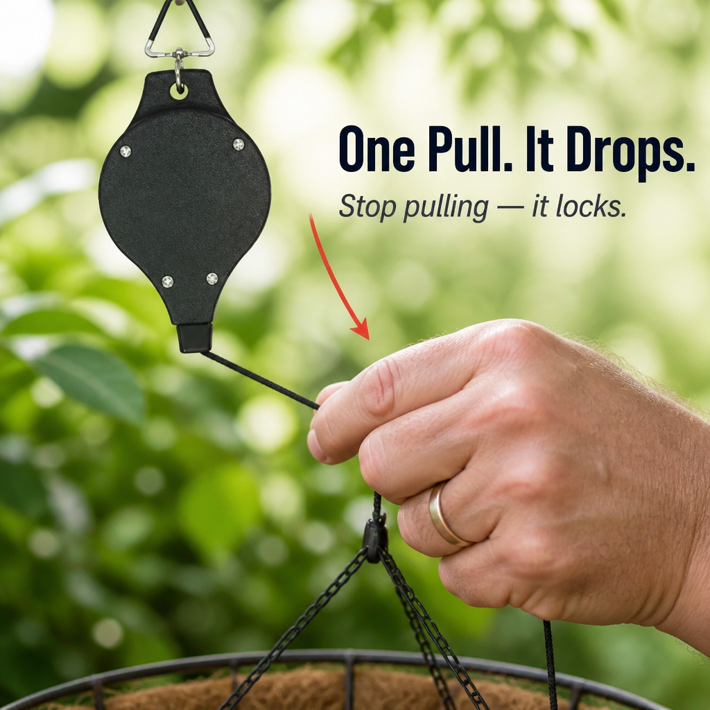 FlexiGroove™ — Hanging Baskets from Chest Level Down for Ladder-Free Watering