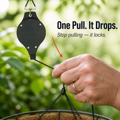 FlexiGroove™ — Hanging Baskets from Chest Level Down for Ladder-Free Watering