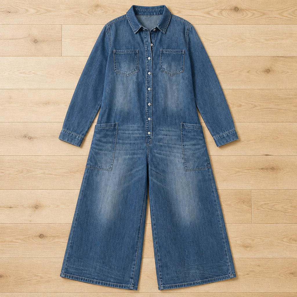 Flowease™ – Comfortable Wide-Leg Denim Jumpsuit Featuring Button-Front Top