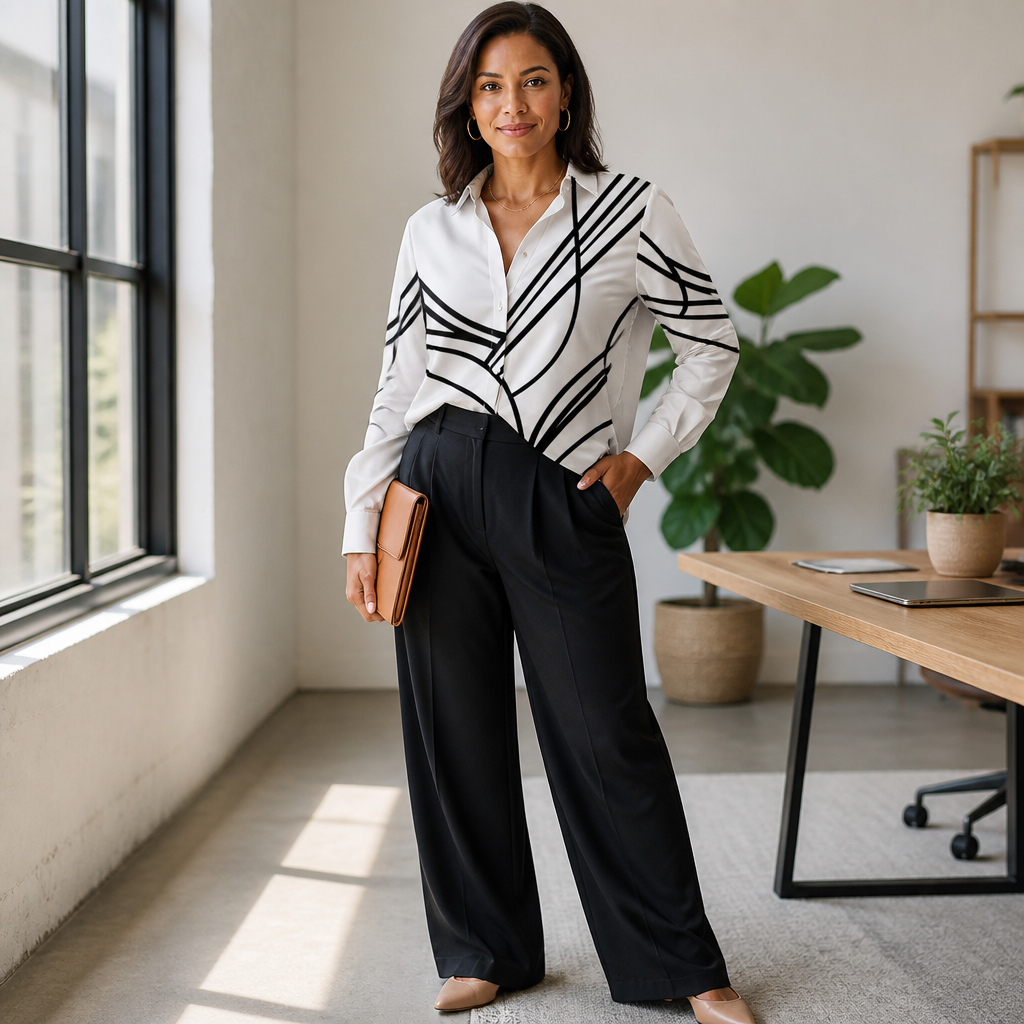 LumaLuxe™ – Casual Linework Print Button-Up Shirt with Pockets