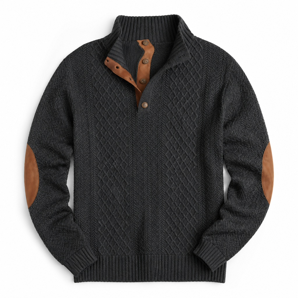 AtlasForge™ – Jacquard Textured Stand-Collar Sweater Featuring Elbow Patches