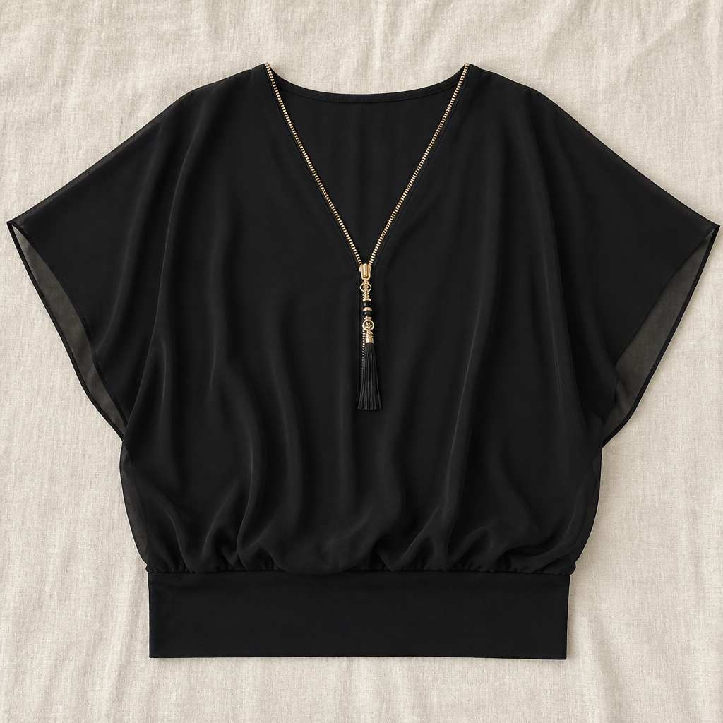 LuminaFlex™ – Breezy Chiffon V-Neck Top with Zip Accent
