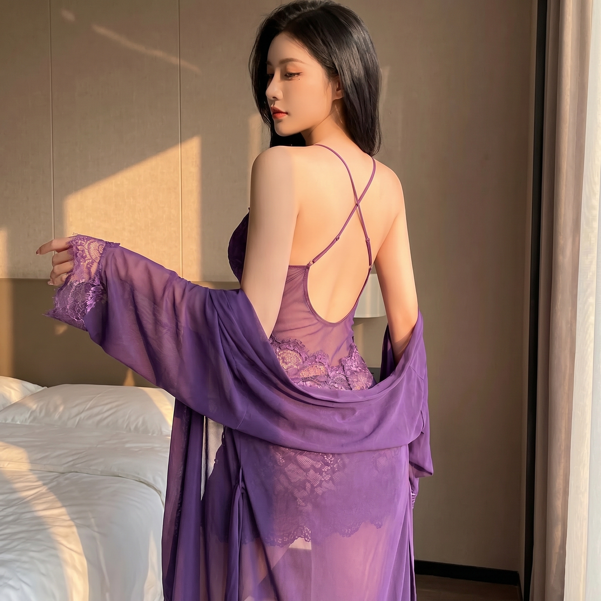 Enchantress™ – Delicate Floral Lace 3-Piece Lingerie Set with Sheer Mesh Robe