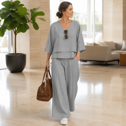 LioraLuxe™ – Casual Layered V-Neck Tee & Wide-Leg Trouser Set