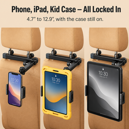 RoadEase™ — Secure Your Tablet Perfectly Centered Between Headrests for Comfortable Backseat Viewing